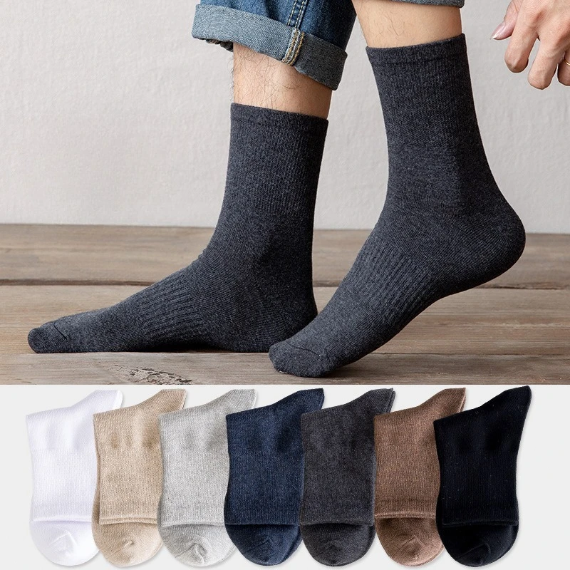 

7 pairs of men's spring autumn solid color mid tube men's socks cotton breathable mid tube retro sweat absorbing casual socks
