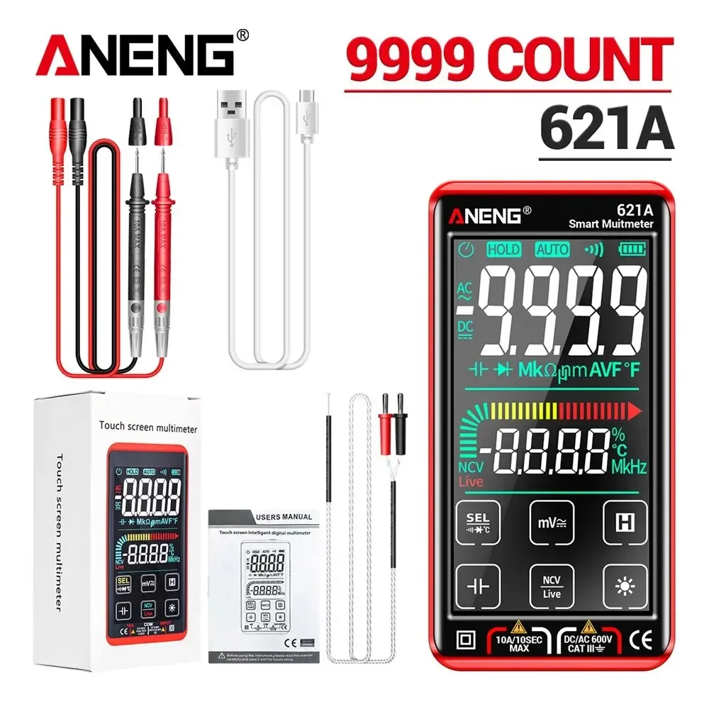 

ANENG Multimetro Tester Transistor 9999 Counts True RMS Auto Smart Digital Multimeter Touch Screen Range DC/AC 10A Meter 621A
