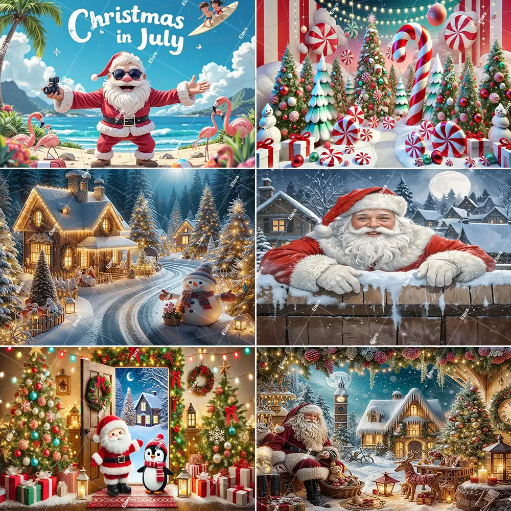 

1pc Christmas Santa Claus Christmas Snowman And Candy Cane Print Holiday Party Village Ball Trees Photography Background Banner