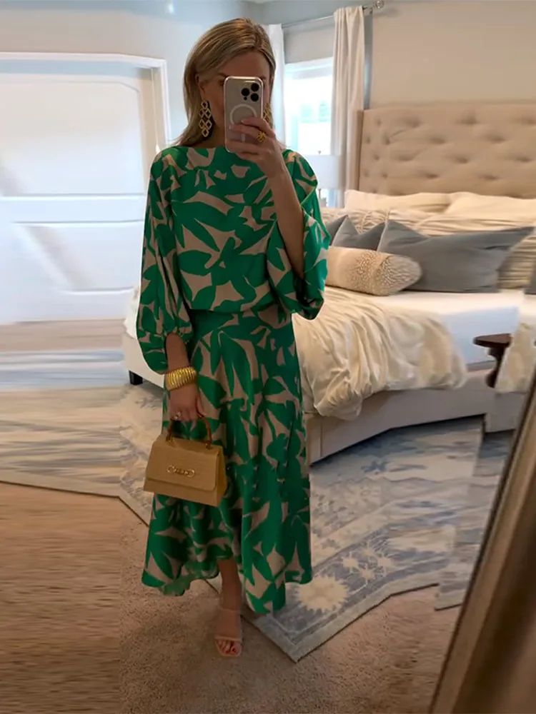 Gedruckt Frauen Rock Anzug Zwei Stück Set Runde Kragen Puff Sleeve Shirt Hohe Taille Röcke Weibliche Sommer Dame Urlaub Outfit