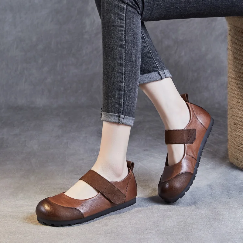 DRKANOL Fashion Women Flat Shoes Spring Shallow Genuine Cow Leather Soft Bottom Ballet Flats Loafers Mother Casual Shoes Brown