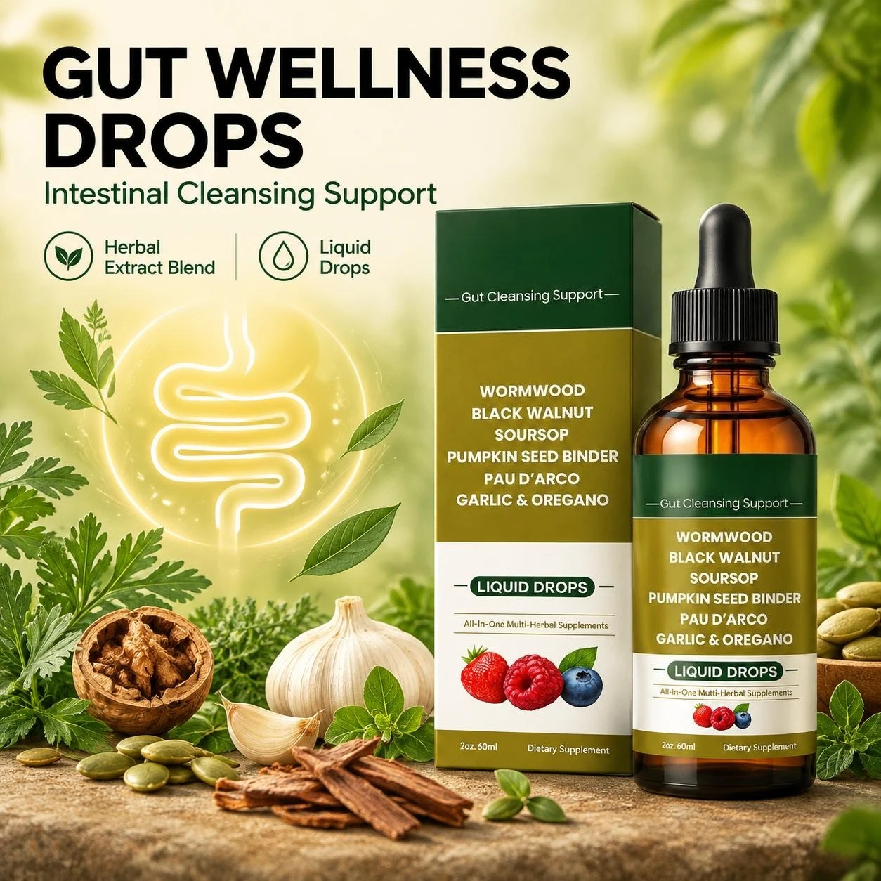 Gut Cleansing Drops Promotes Intestinal Cleansing & Gut Balance & Reduce Stress & Eases Discomfort Wormwood Black Walnut 60ml