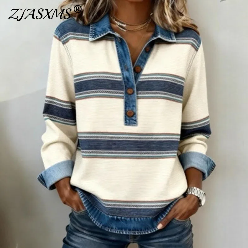 

Spring Retro Contrast Color Woman Sweatshirt Elegant Turn-down Collar Button Tops Pullover Autumn Long Sleeve Loose Hoodie Mujer