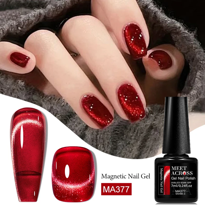 MEET ACROSS 7ml Red Glitter Cat Eye Gel Polish Christmas Magnetic Gel Semi-permanent nail polish Soak Off Gel nails accessories