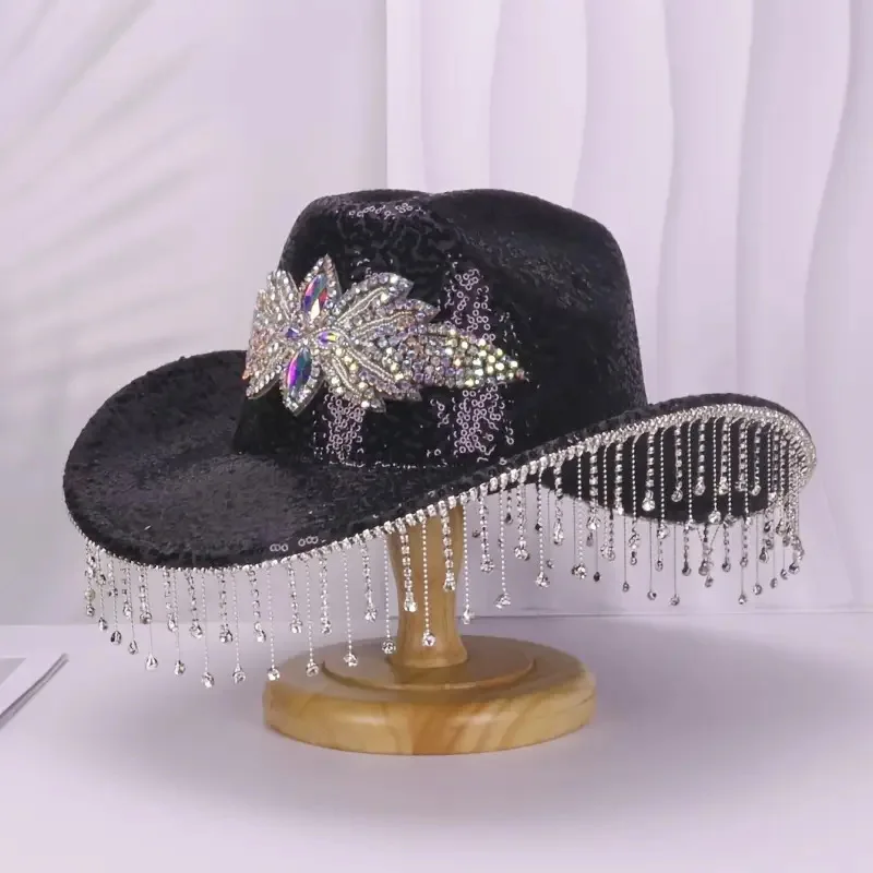 HongLuan Golden Glitter Costume Hat Adult & Cowboy Hats Rhinestone for Woman, Cowboy Cosplay Female Accessories & Cowgirl Cap