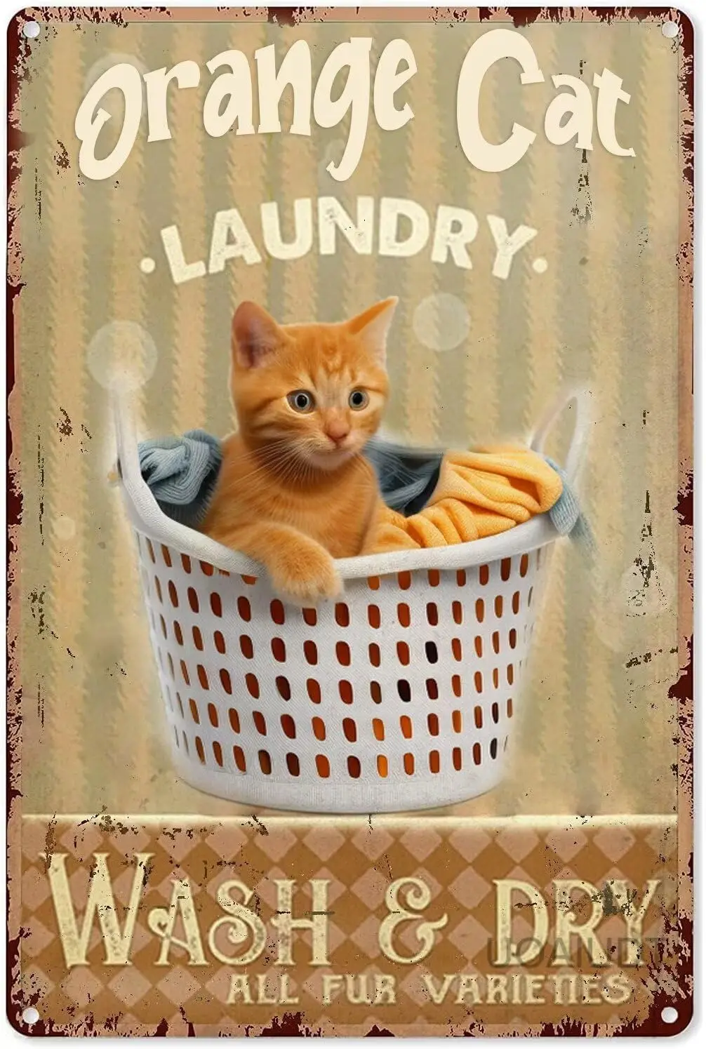 Placa de metal com imagem de um gato laranja em estilo vintage, ideal para lavanderia, com a inscrição «Lavar e secar», placa decorativa de estilo retro para parede, presente para a casa ou cozinha.
