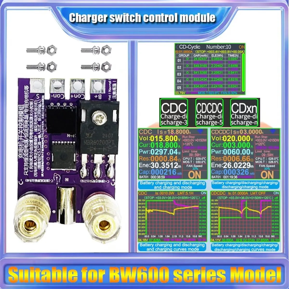 A64I BW600 Electronic Load Meter Charging Control Module Adapter Max 100V 20A Supports DC5.5 Interface and Wiring