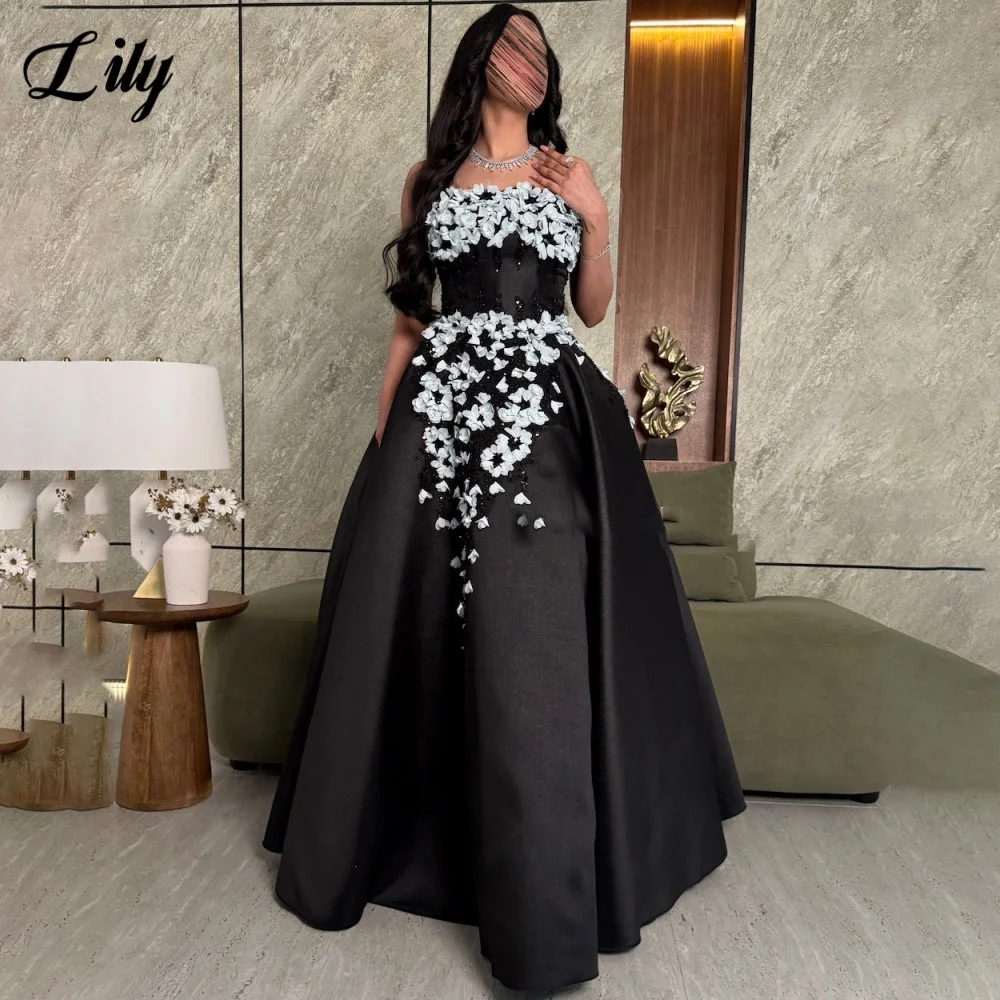 

Черное вечернее платье лилии, элегантное платье для выпускного вечера без рукавов с аппликациями, атласное ночное платье без бретелек 프롬 드레스 по индивидуальному заказу