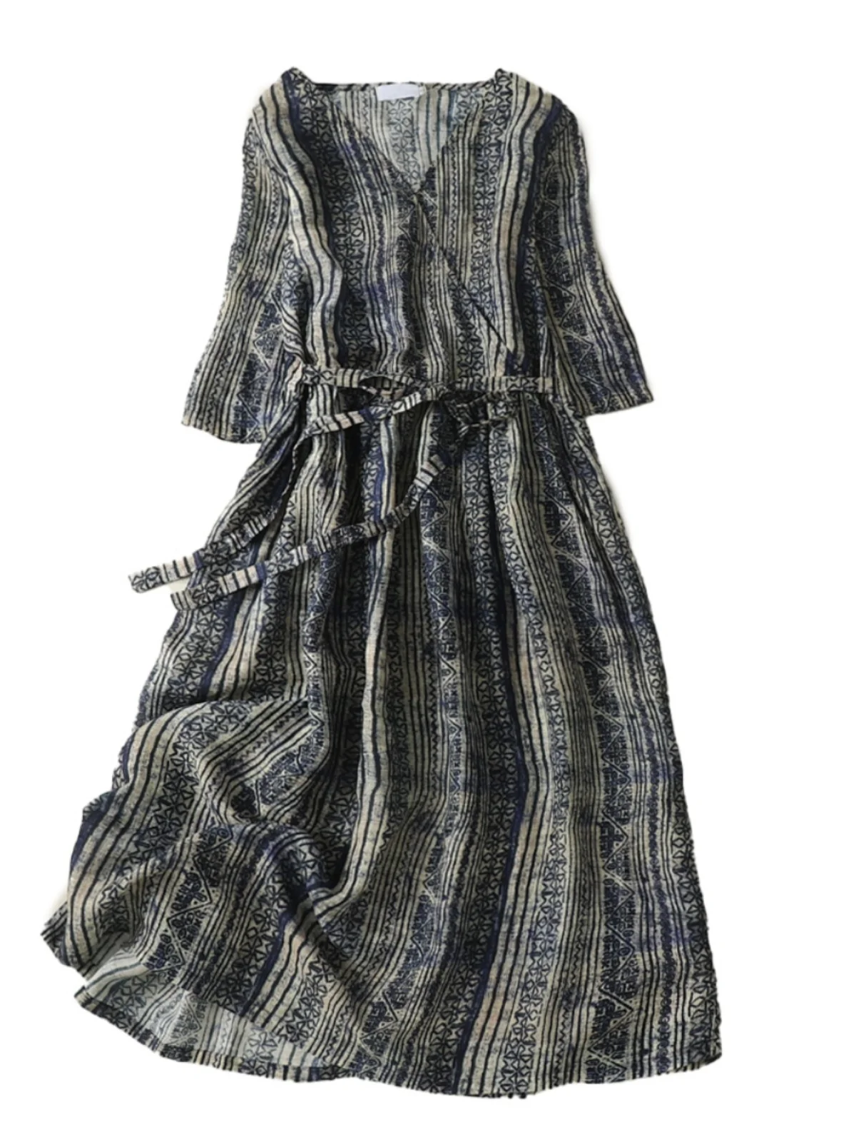 V-Ne ort Sve Midi Dr Retro gestreift Gürtel Taille Baumwolle Leinen Wrap Dr Pendeln Sle Sommer A-Linie Dr
