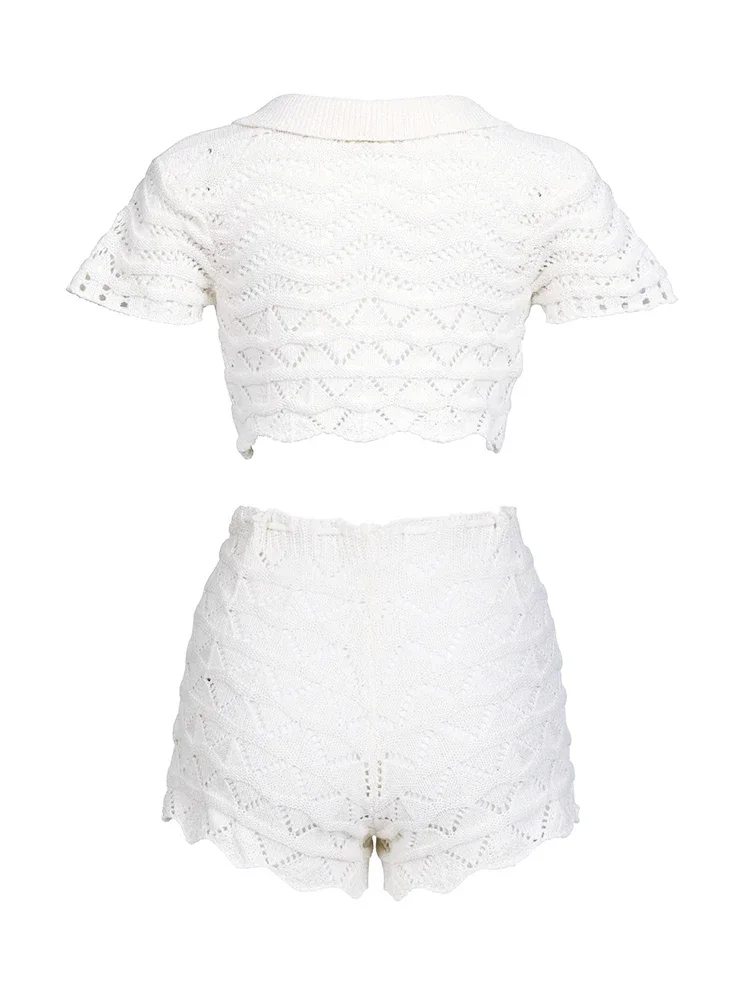 섹시 니트 비치 수영복 커버업 세트 2025 여름 여성 컷아웃 라펠 V넥 반팔 탑 레이스업 미니 반바지 투피스 K202