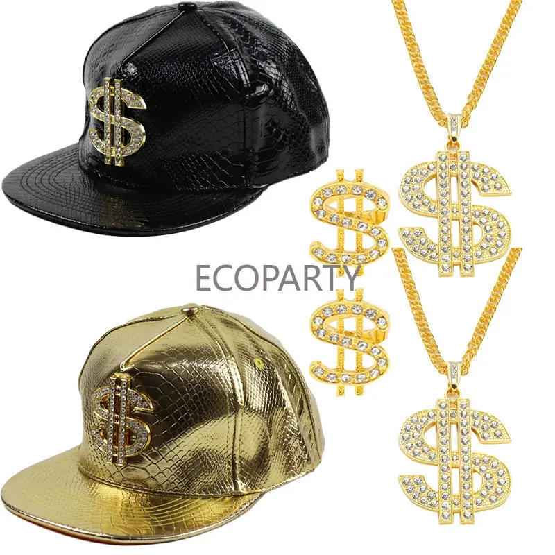 Carnival 80s 90s Party Decorations Hip Hop Adult Costumes Accessory Men Disco Gole Necklace Rings Hat Sunglasses Cosplay Set