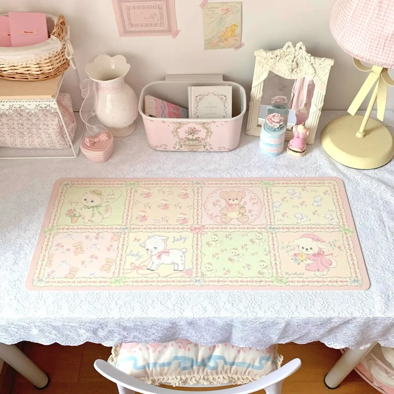 Ins French Pink Floral Animal Retro PU Leather Desk Mat | XXL Cartoon Kawaii Study Dining Mouse Pad for Girls Showa Style Decor