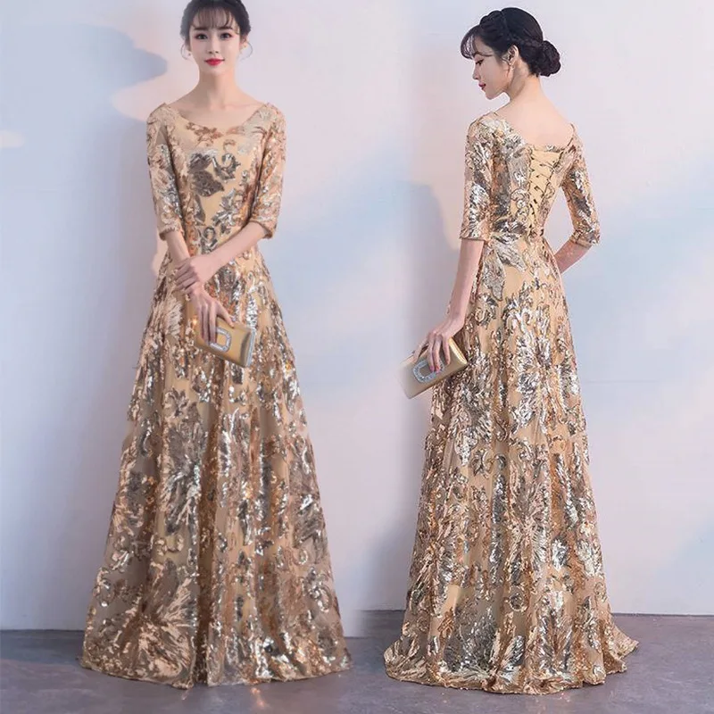 

Banquet O-Neck Evening Dress For Women New Spring Autumn Gold Small Dress Female Long Style Host Performance Annual Party Dress