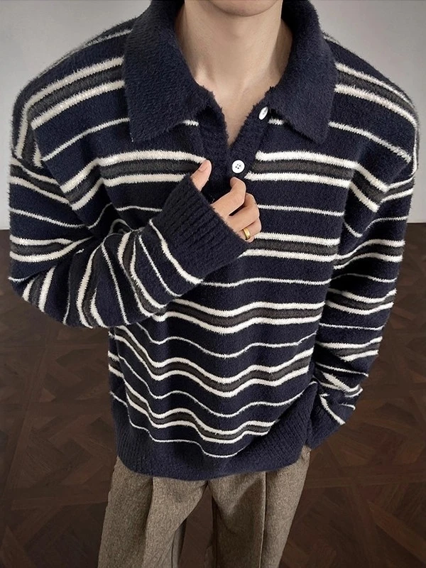 

Модный американский ретро-свитер в полоску для мужчин, утепленный зимний вязаный свитер, повседневный свободный крой, мягкий, износостойкий нейлон