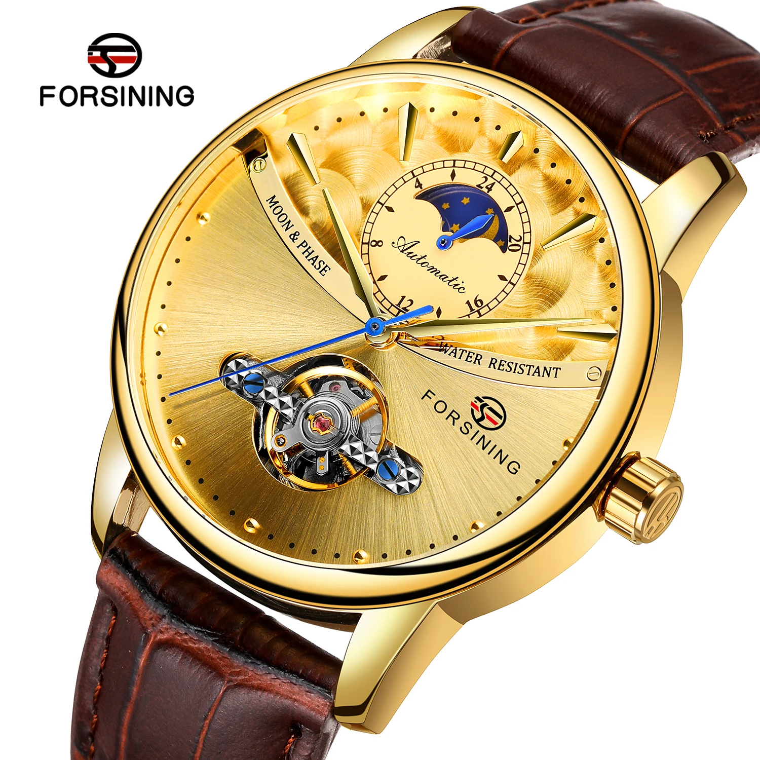 FORSINING Fashion Luxury Mens Automatic Skeleton Mechanical Watch Moon Phase Design Tourbillon Leather Strap Business Wristwatch