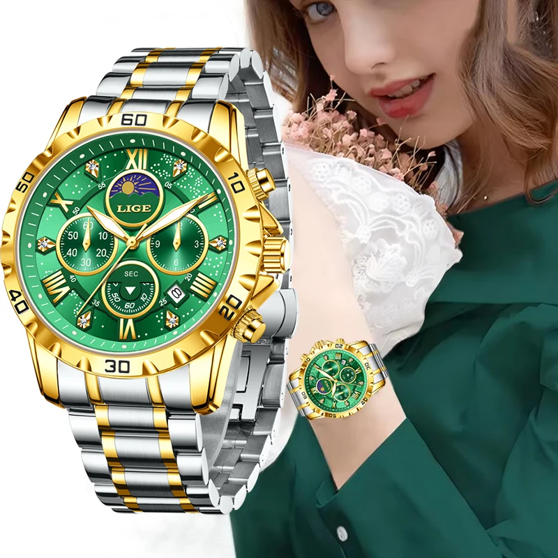 LIGE New Women's Quartz Watch Elegant Fashion Green Dial Chronograph Luminous Wristwatches Ladies Montre Femme Relogio Feminino