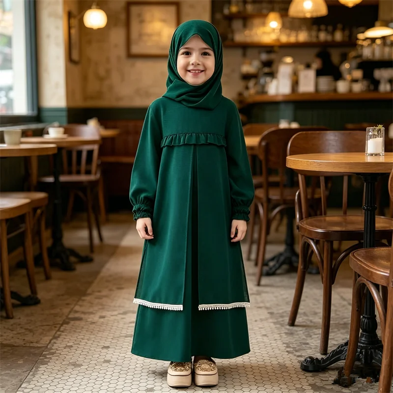 

Muslim Kids Girls Prayer Dress Hijab Abaya Robe Arab Dubai Children Ramadan Kaftan Headscarf Islamic Djellaba Jalabiya Gown 4-7Y