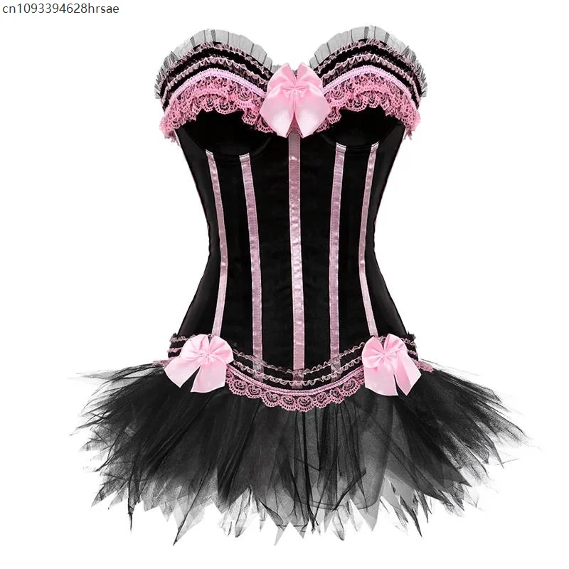 Сексуальный кружевной корсет с завышенной талией, женский винтажный атласный бюстье с бантом, полосатый корсет на шнуровке с цветочным принтом, бюстье, комплект с короткой юбкой