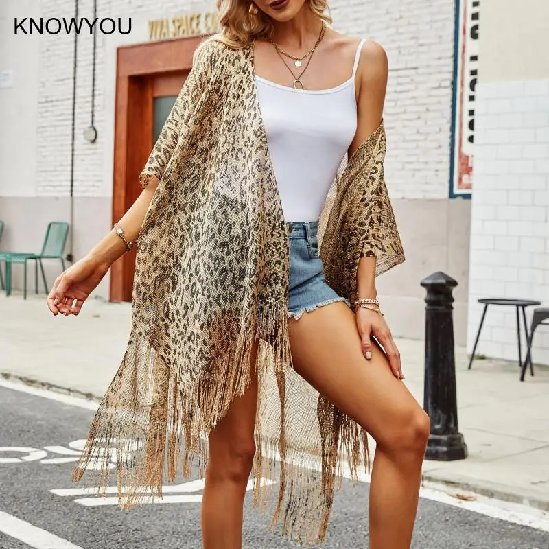 Borla ouro biquíni praia cobrir sexy leopardo praia nadar biquíni quimono cardiga ver através de cada vestido túnicas para mulheres xales