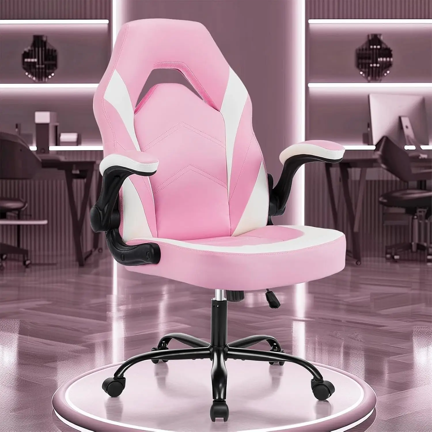 

Pink White Gaming Desk Chair with Ergonomic Lumbar Support, Flip-up Armrest, 360° Swivel Wheels for Home Office