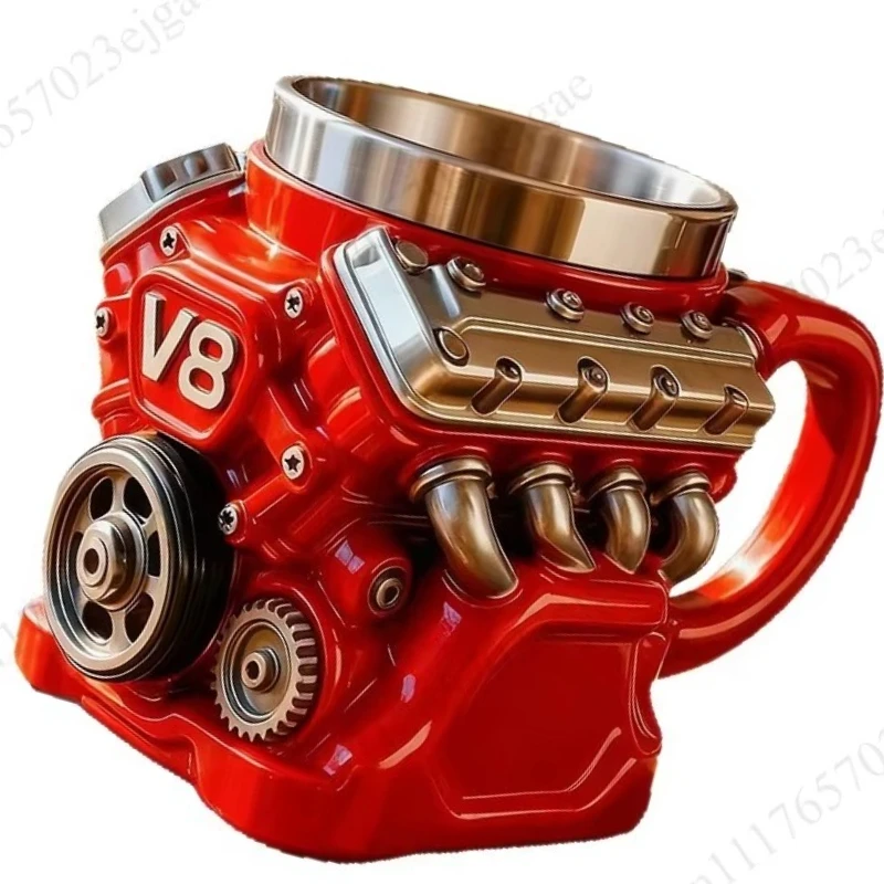 Retro Engine Coffee Mug Double Wall 180ML V8 Engines Stainless Steel Cup with Handle Realistic Design Insulation Car Mug