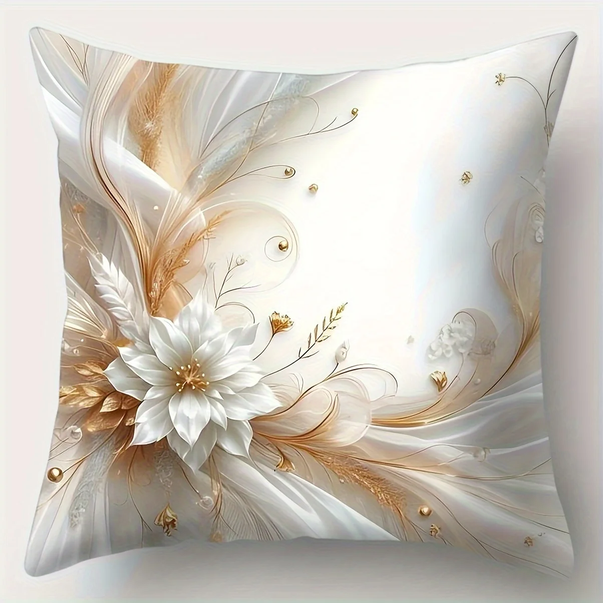 Golden Crown Floral Pillow Covers 4pcs, Elegant White Gold Floral Design, Zippered Machine Washable for Sofa Lumbar Decor