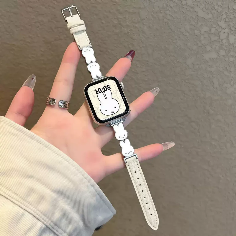 In Stock For Apple Watch Series 11/10/9/8/7/6/Se Miffy Rabbit Leather Watch Band Luxury Women Strap For Iwatch Fashion Wristband
