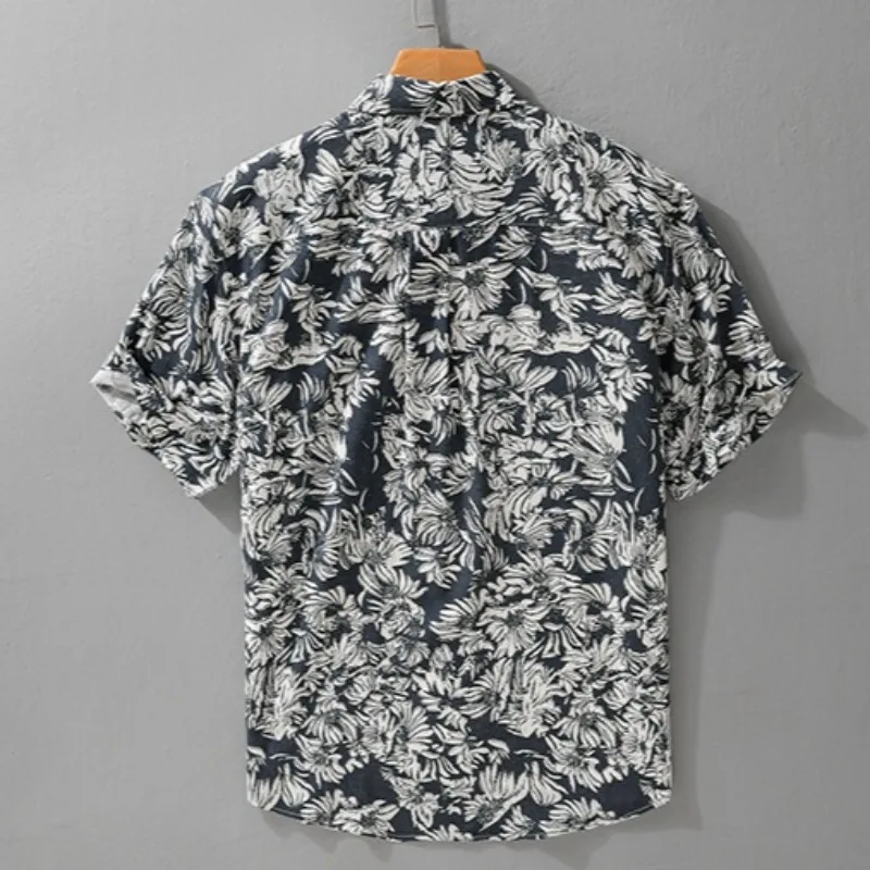 Summer Fashion Flower Print Cool Touch Holiday Beach Men's Linen Blended Shirt Loose Casual Short Sleeve Sun-protection Tops