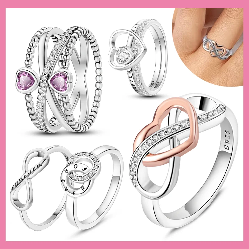 Mooie 925 Sterling Zilver Oneindige & Holle Hart Ringen Gekoppeld Dubbel Patroon Ring Voor Vrouwen Prachtige Fijne Sieraden Geschenken