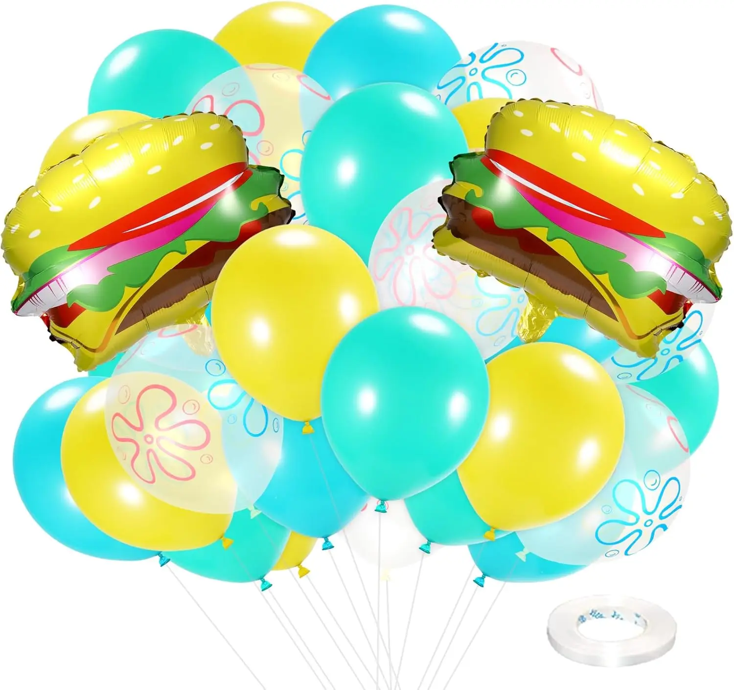 

63pcs Sponge Birthday Decor, 12" Yellow Blue Underwater Balloon Set with 2 Burger Balloons for Mermaid, Baby Shark, Ocean Party