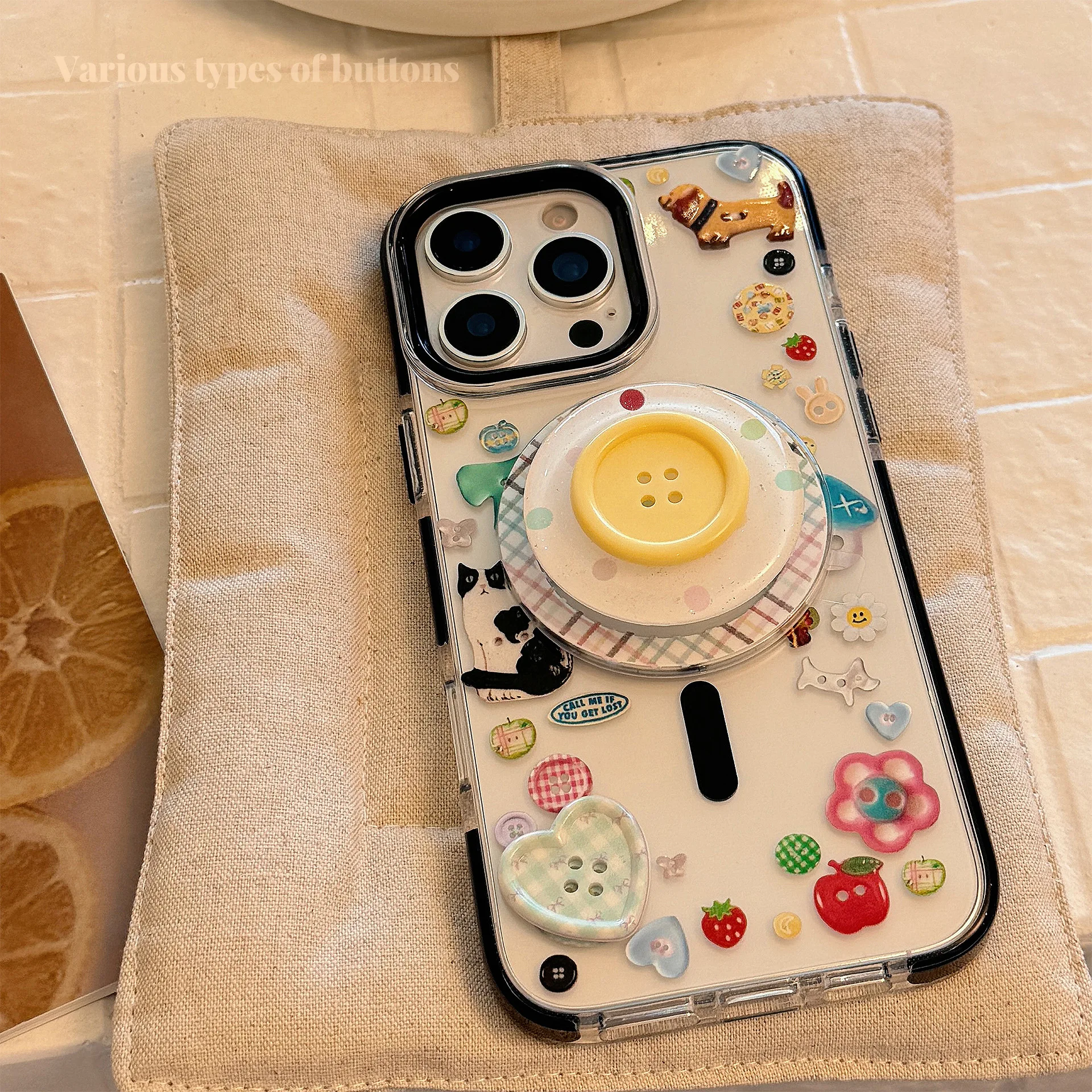 

3D Button Cartoon Graffiti Glitter Magnetic Mobile Phone Case With Stand For iPhone16PRO/15pormax Full Cover Anti-fall Case
