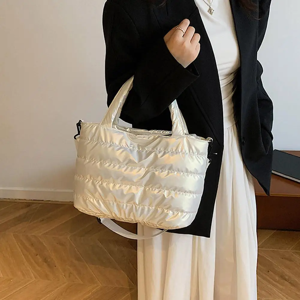 Women Glossy Space Cotton Crossbody Bag Puffy Tote Bag Padded Shoulder Bag Casual Daily Messenger Bag Lightweight Tote Handbag