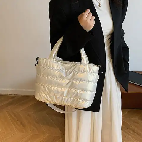 Women Glossy Space Cotton Crossbody Bag Puffy Tote Bag Padded Shoulder Bag Casual Daily Messenger Bag Lightweight Tote Handbag