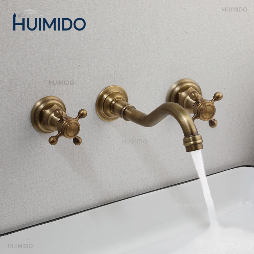 Brass Bathroom Faucet Wall Mounted Dual Cross Handle Lavatory Vanity Sink Faucet Mixer Tap Rough in Valve Included