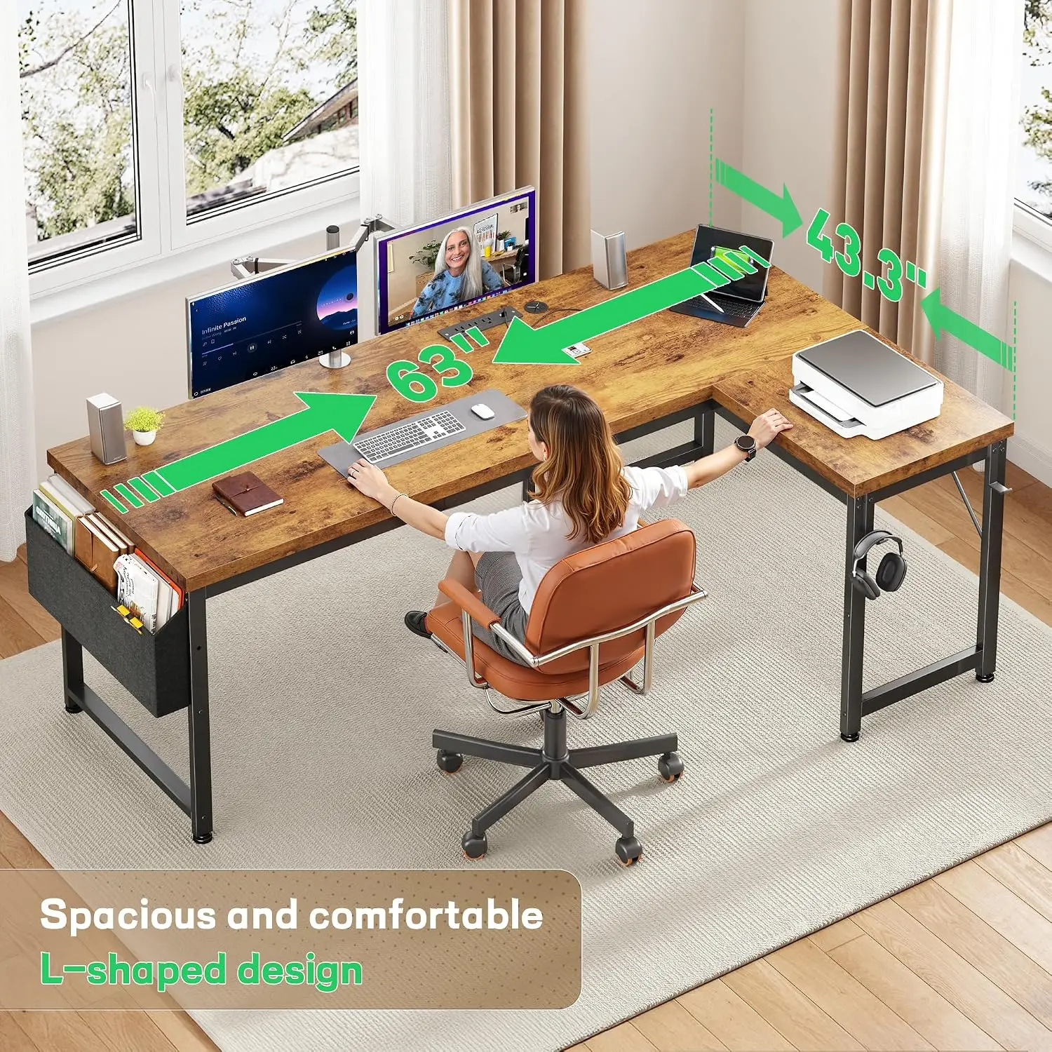 63" L Shaped Desk with 0.95" Thick Desktop for Home Office,Brown