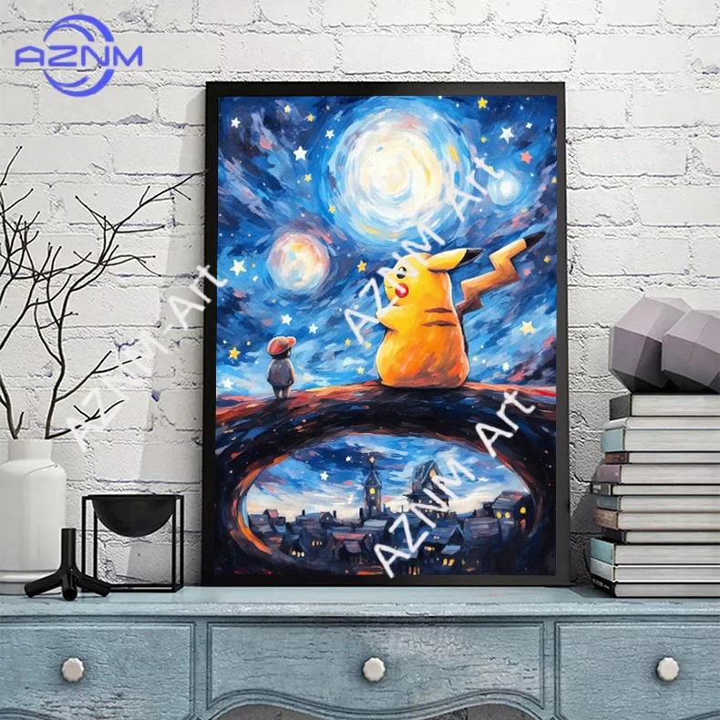 Figuras de Anime de Pokemon Van Gogh Starry Sky, pintura de acuarela de Pikachu, carteles e impresiones en lienzo, imagen artística de pared para sala de estar