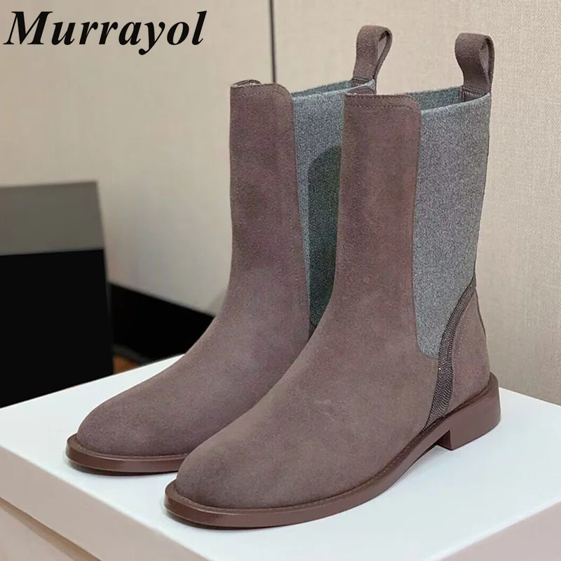 

Round Toe String Bead Decor Short Boots Women Cow Suede Splicing Thick Bottom Mid-Calf Botas Autumn Winter Retro Chelsea Boots