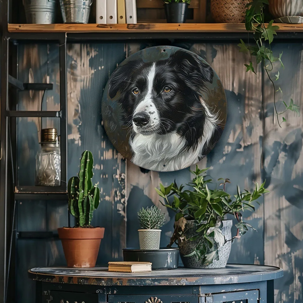 1pc Round Aluminum Metal Sign A Captivating Portrait of An Intelligent Border Collie, with Alert Eyes and Unique Wall Decor for