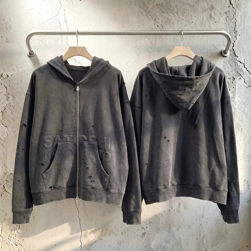 Satoshi Ripped Double Cardigan Casual Hoody Heavy Terry Tops Sweatshirts Distressed Logo Zip Washed destroyed Hoodie for Men