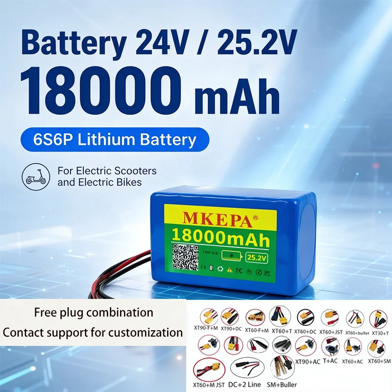 25.2V 18000mAh 6S6P 18650 Lithium Battery Pack PCB Protection Portable Backup Power for Electric Scooter Ebike