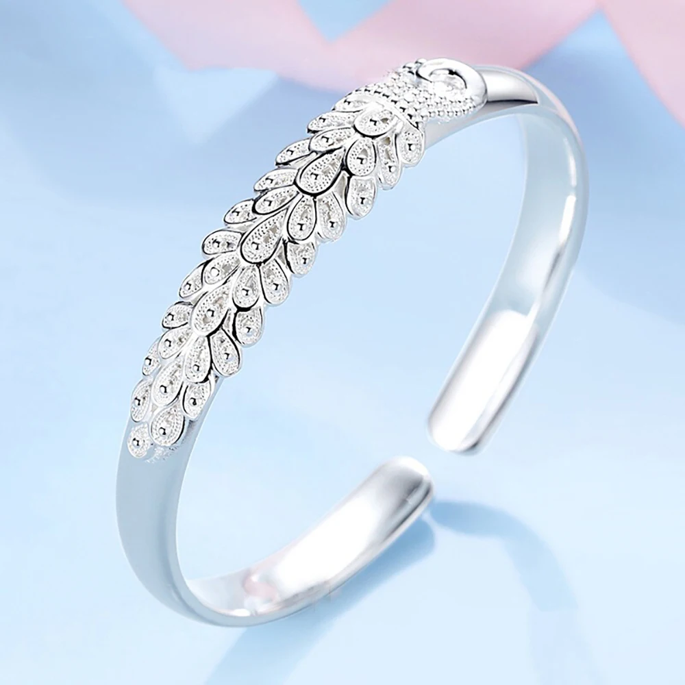 New 925 Sterling Silver Elegant Peacock Opening Screen Bracelet Bangles for Women Fashion Party Wedding Accessories Jewelry Gift