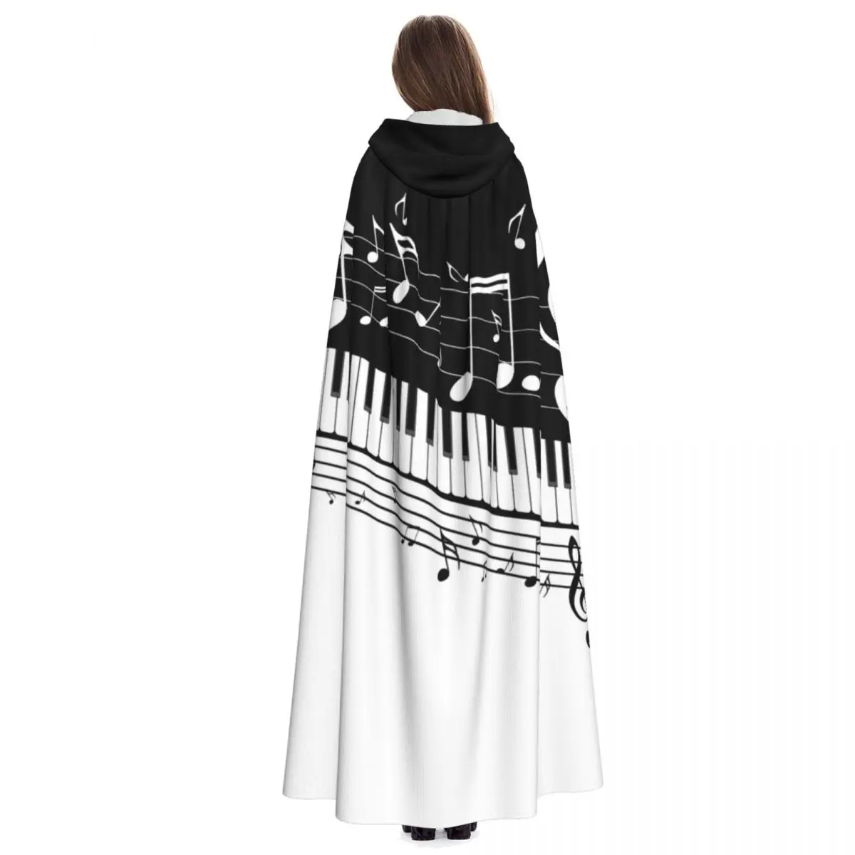 Abstract Piano Keys With Musical Notes Hooded Cloak Polyester Unisex Witch Cape Costume Accessory