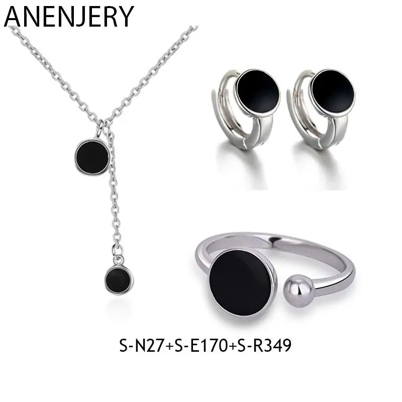 ANENJERY Silver Color Simple Epoxy Black Round Wafer Necklace+Earrings+Ring For Women Sets Korean Jewelry