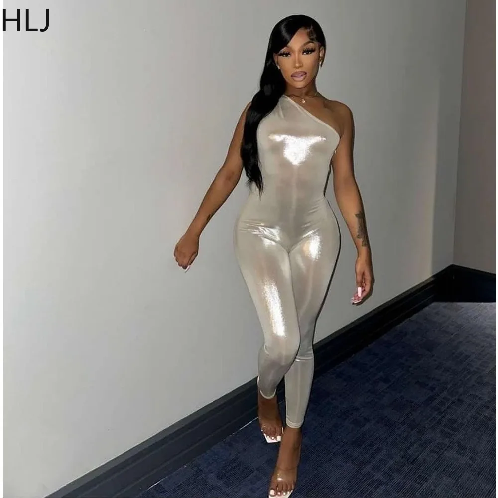 HLJ Fashion Solid Color PU Leather Ruched Skinny Jumpsuits Women One Shoulder Sleeveless Bodycon Playsuits Female Overalls 2024