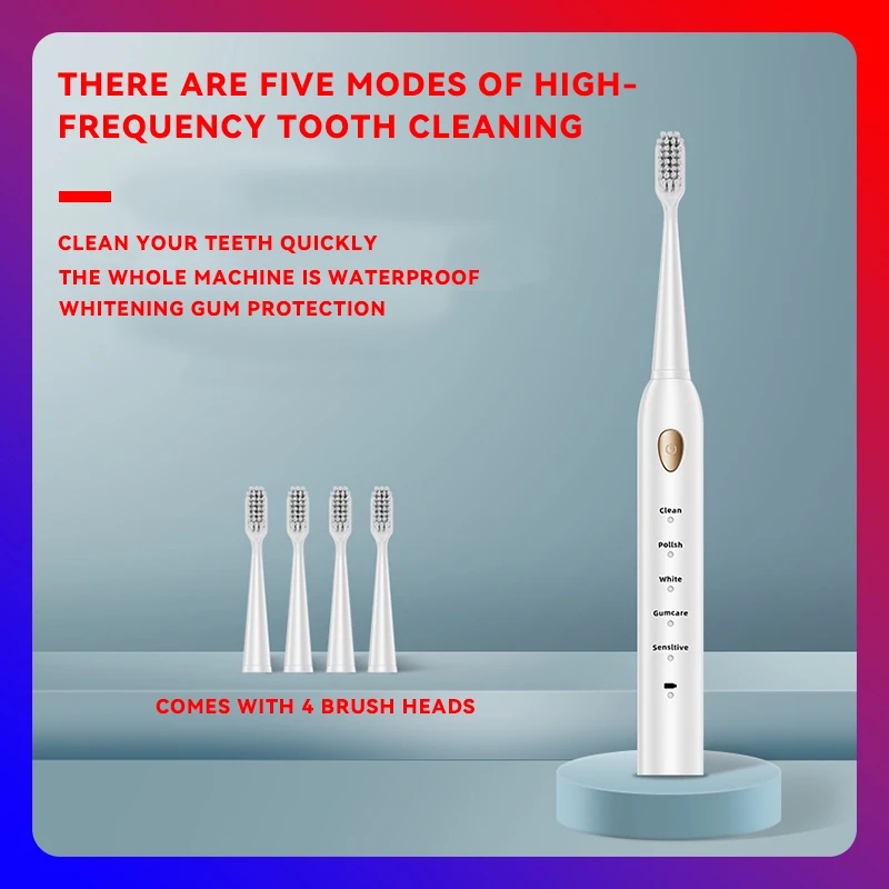 

5-режимная электрическая зубная щетка, перезаряжаемая зубная щетка, высокая вибрация, очиститель для отбеливания зубов, электрическая щетка для ухода за полостью рта