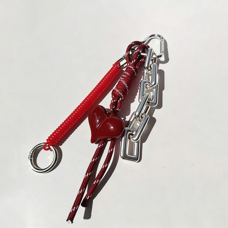 Bag Keyring Braided Keychains Women with Spring Rope Key Chain Red Heart Hanging Decorations Bag Charm Luxury Gift
