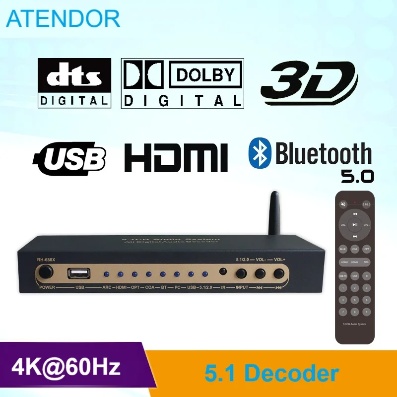 DTS Dolby Digital Audio 5.1 Decoder 4K60Hz HDMI-compatible 2.0 Audio Extractor Coaxial SPDIF PC USB Bluetooth5.0 Input ARC Input