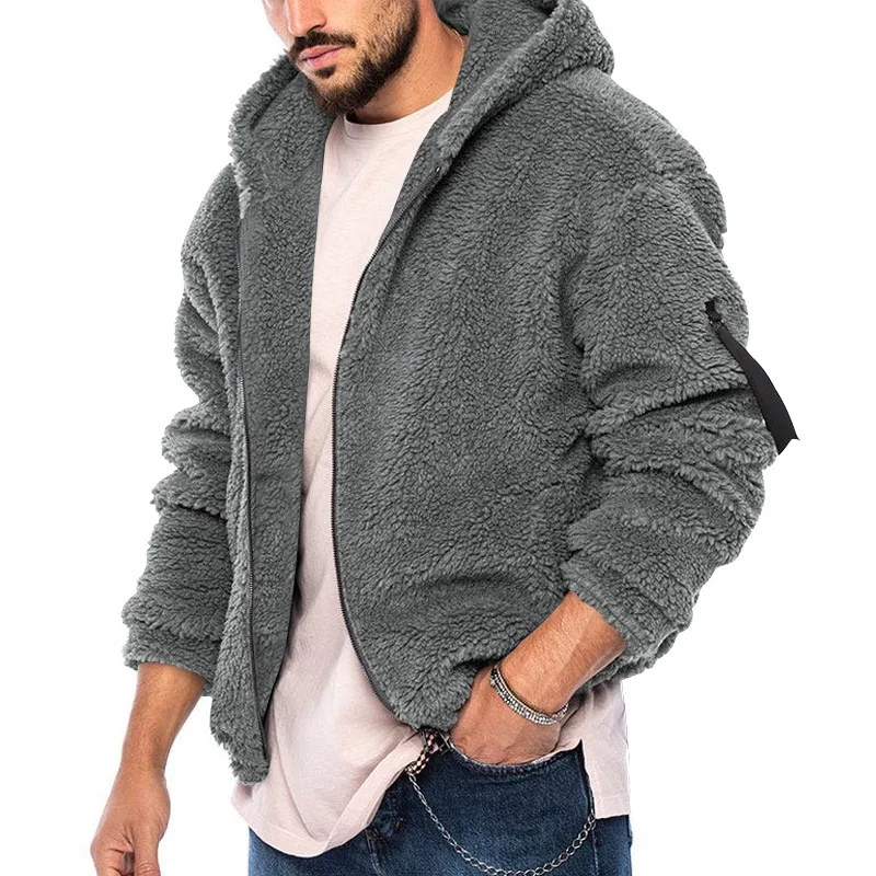 Herren Winter Reißverschluss Fleece Kapuzenjacke Vintage Casual Streetwear Lose Einfarbig Hoodie mit Taschen Freizeit Mode Mantel – Detail 17
