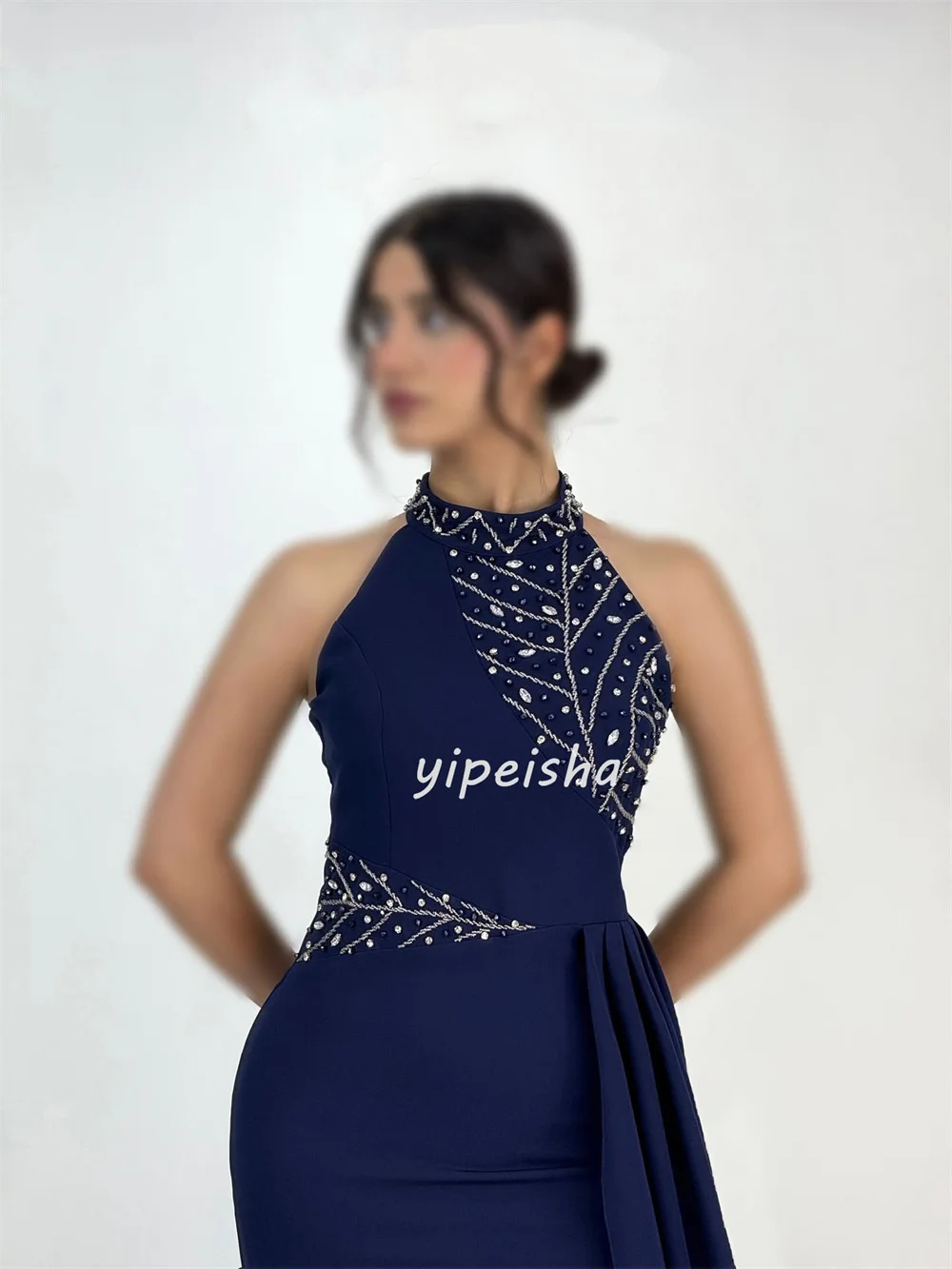 Customized High Quality Formal Jersey Rhinestone Beading Mermaid High Collar Long Dresses Bespoke Occasion Dresses Elegant Retro