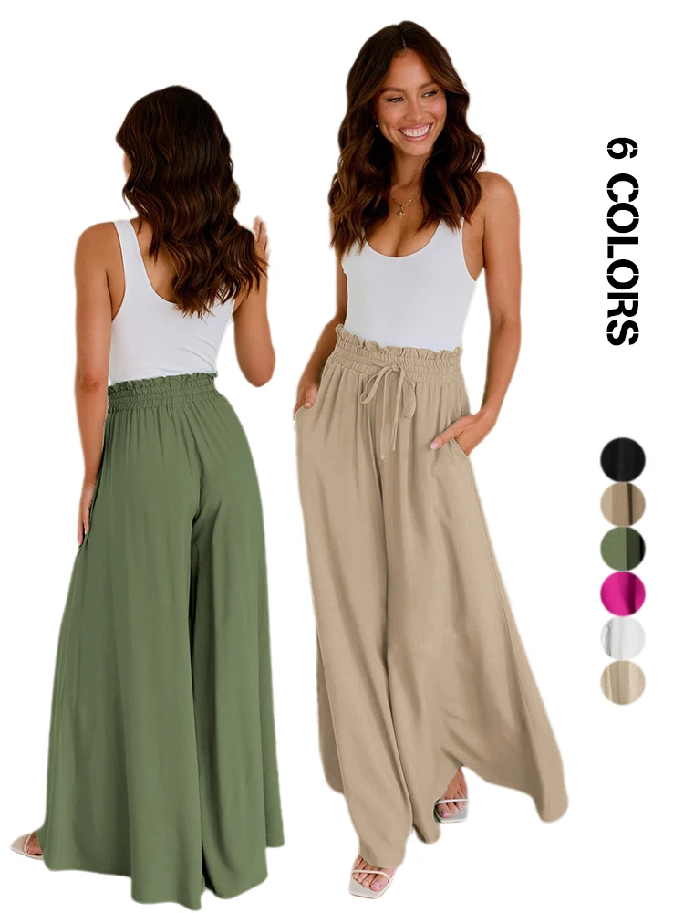 2024 Women's Flare Pants Wide Leg Drawstring Palazzo Pants High Waist Stretchy Casual Bell Bottoms Beach Trousers Street Wear